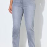 sviesiai pilki moteriski dzinsai su elastiniu juosmeniu