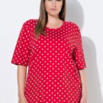 raudoni moteriski marskineliai su baltais taskais plius dydis