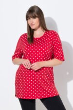 raudoni moteriski marskineliai su baltais taskais plius dydis