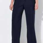 tamsiai melynos placios kelnes moterims elastinis juosmuo