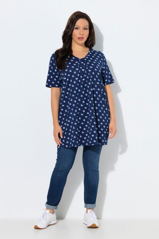 melyna ilga tunika su baltais taskais ir klostemis